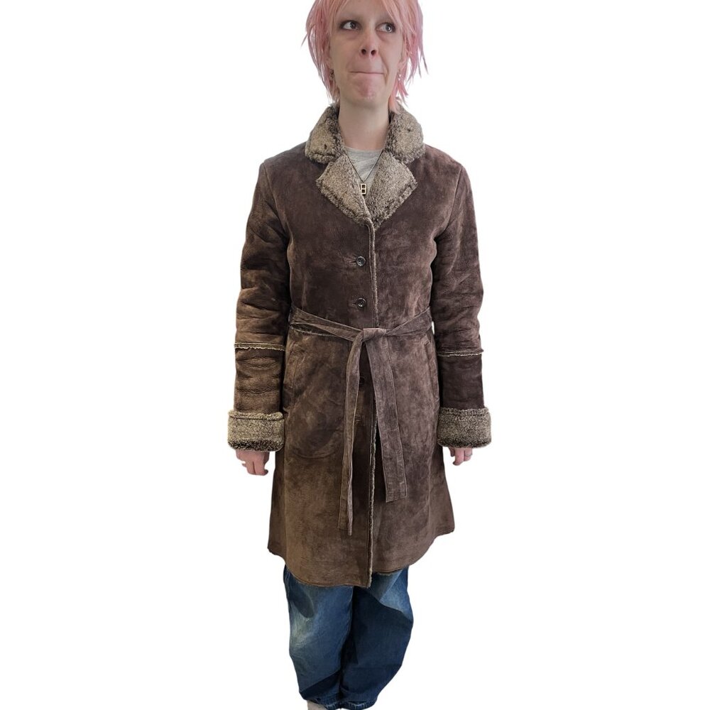 Y2K Brown Suede Penny Lane Coat Faux Sherpa Lining Fur Collar & Cuffs - Picture 2 of 12